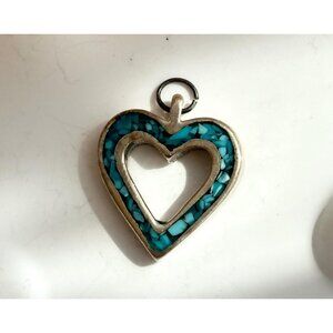 Turquoise & Coral Mosaic Heart Shaped Charm Sterling Silver 925 Vintage Pendant